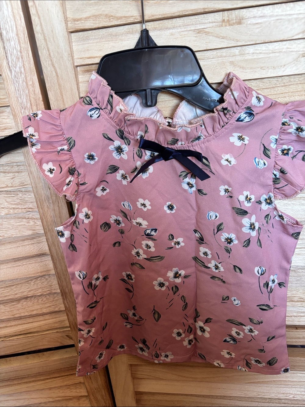 Shein Girls  Floral Ruffle Sleeve Top - Dusty Rose with Navy Bow 100